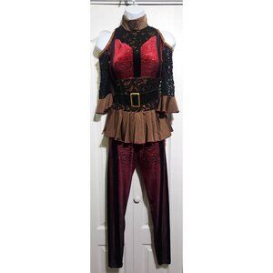 Gothic Steampunk Pirate Dance Costume Pants Cold Shoulder Mock Neck Velvet Lace
